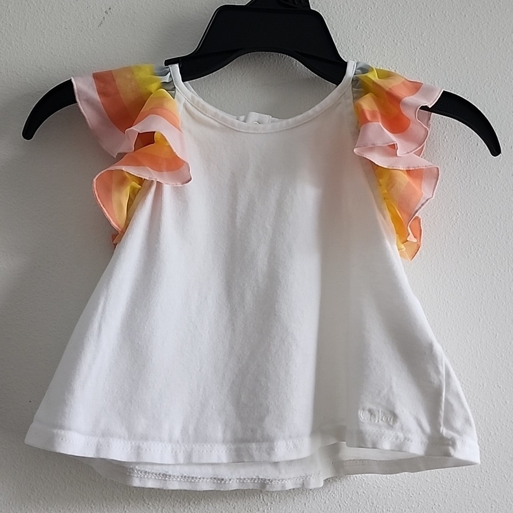 Chloé Paris Baby Girl's Designer White T-Shirt with Vibrant Ruffle Sleeves Sz 6M - Picture 11 of 14